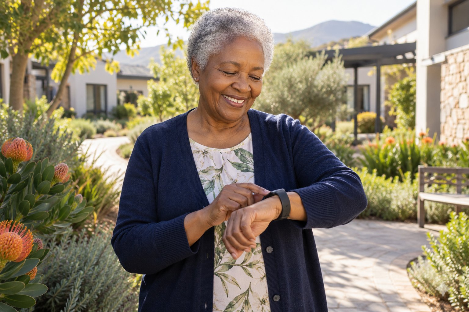Older woman checking a discreet wearable in a sunlit residential garden