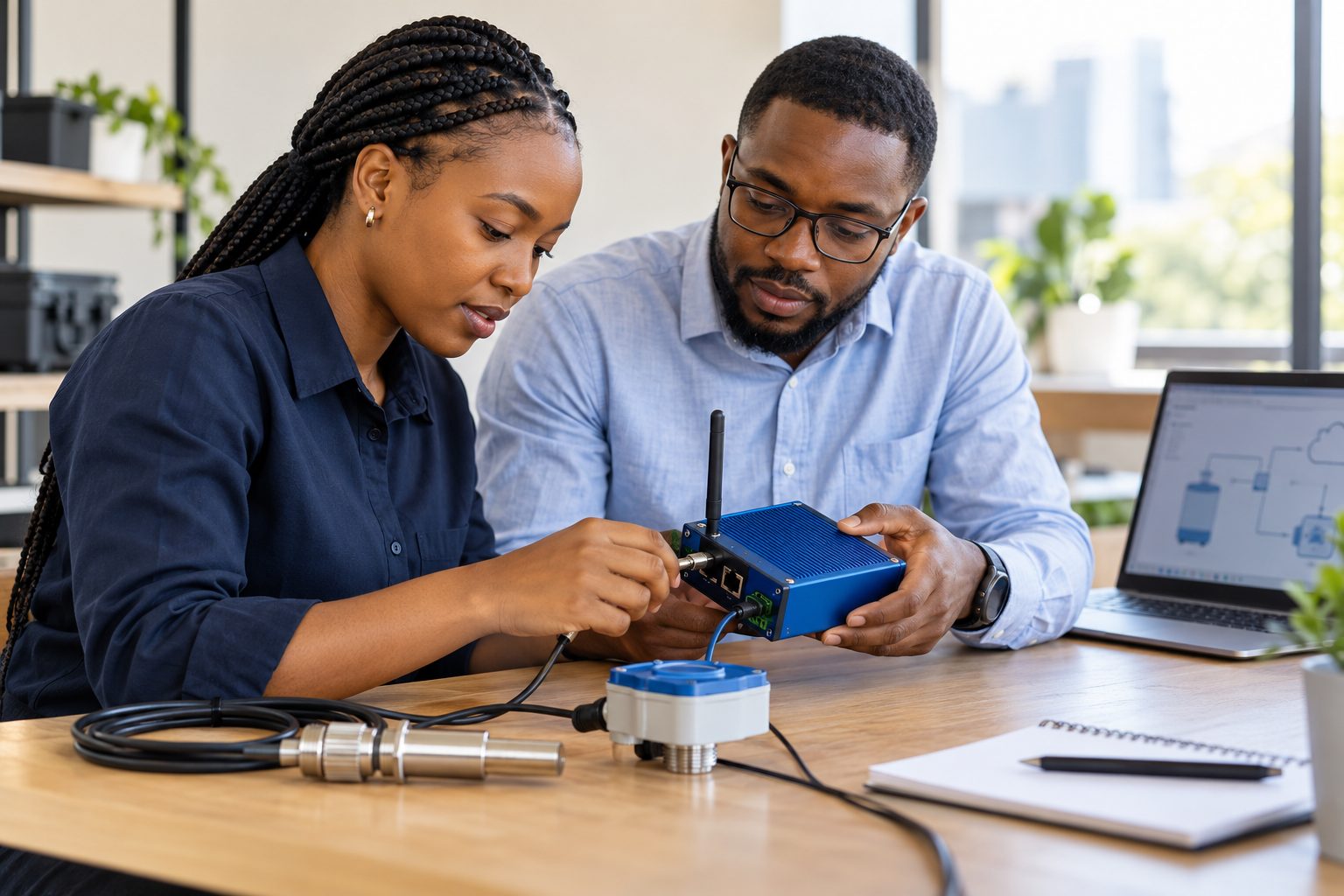 Engineers working together on a sensor and gateway prototype