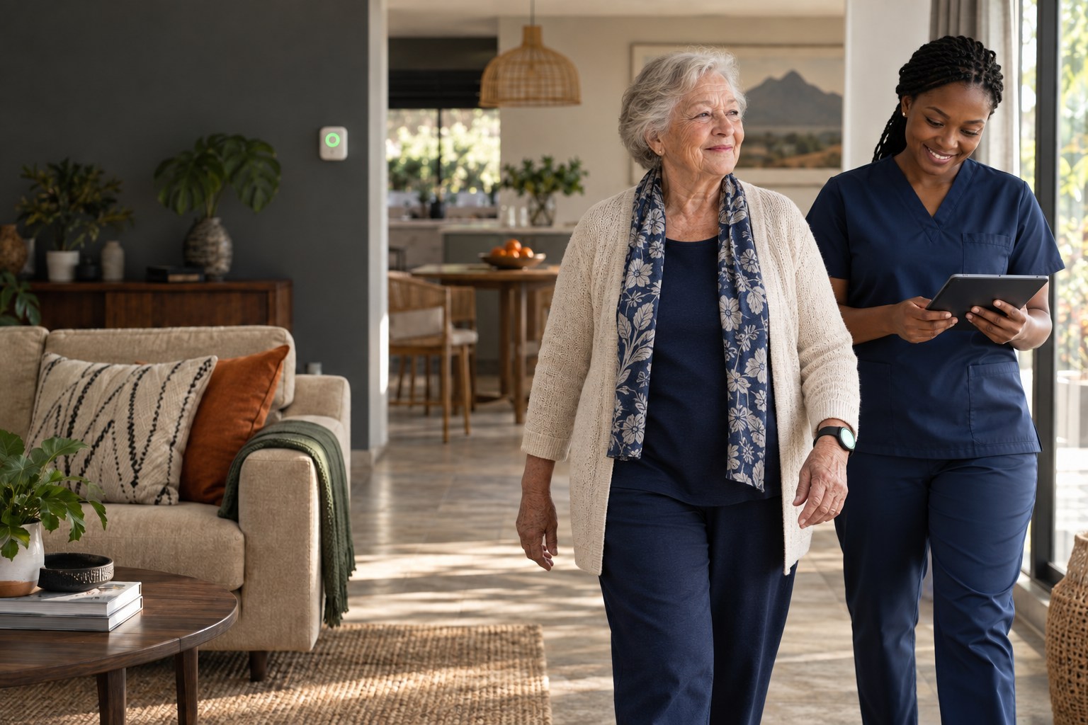 Older woman supported by a connected care professional at home