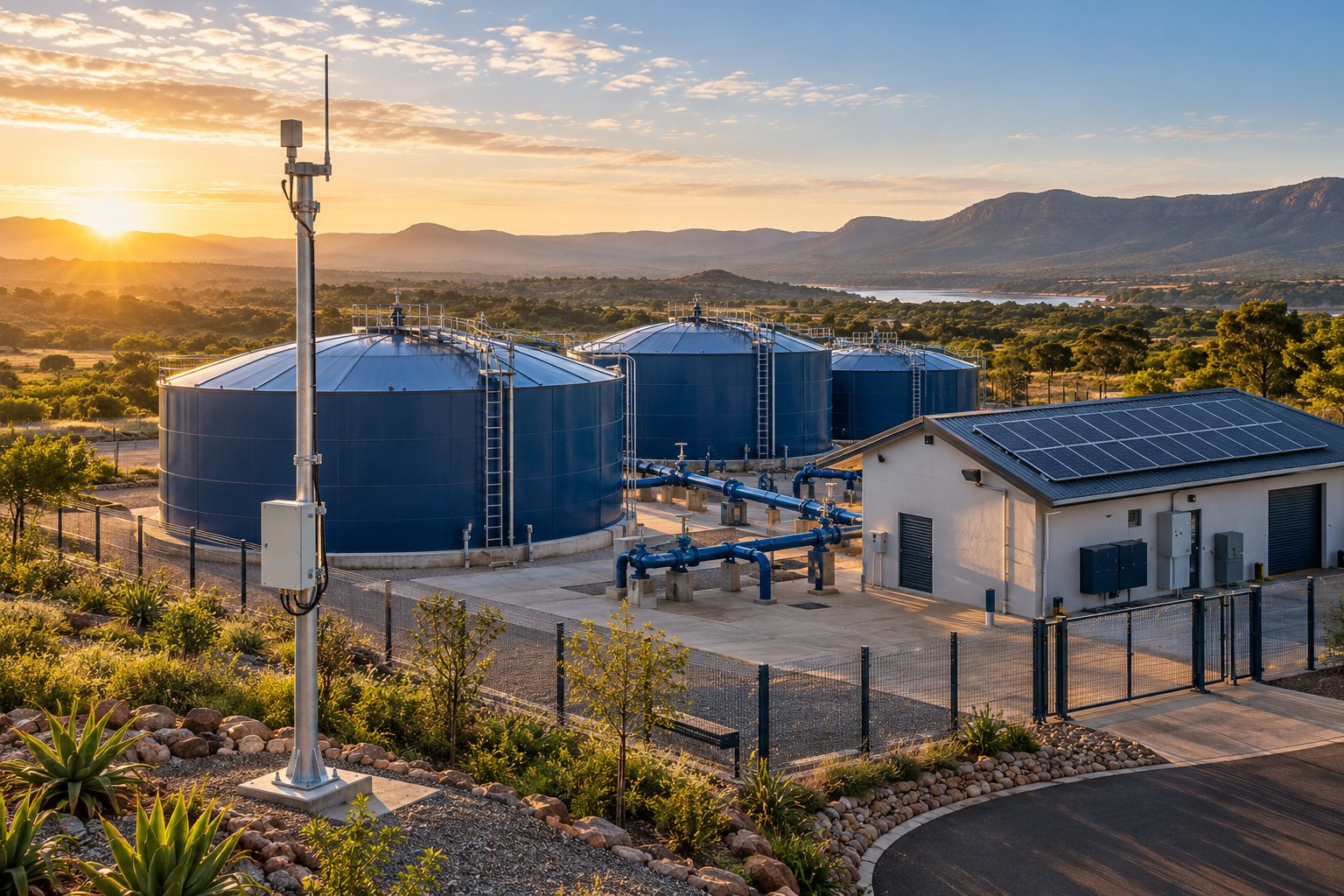 Connected water storage tanks, solar panels and a sensor mast at a utility site